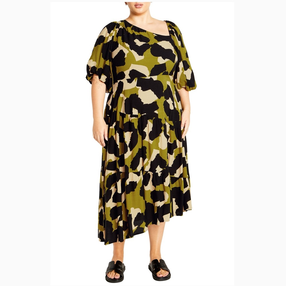 City Chic Asymmetrical Dress in Black, Green, and Cream